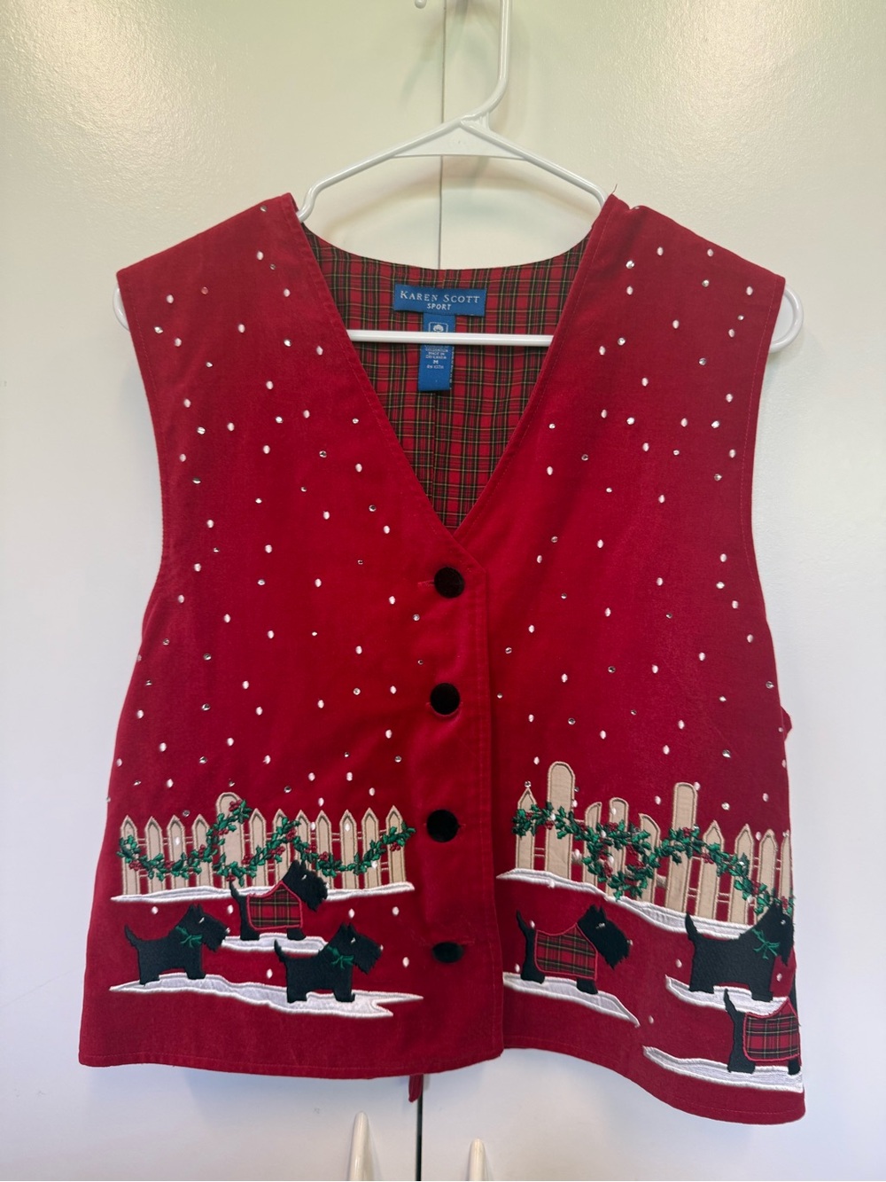 Vintage Karen Scott Embroidered Holiday Vest with Scottie Dogs - ugly Christmas